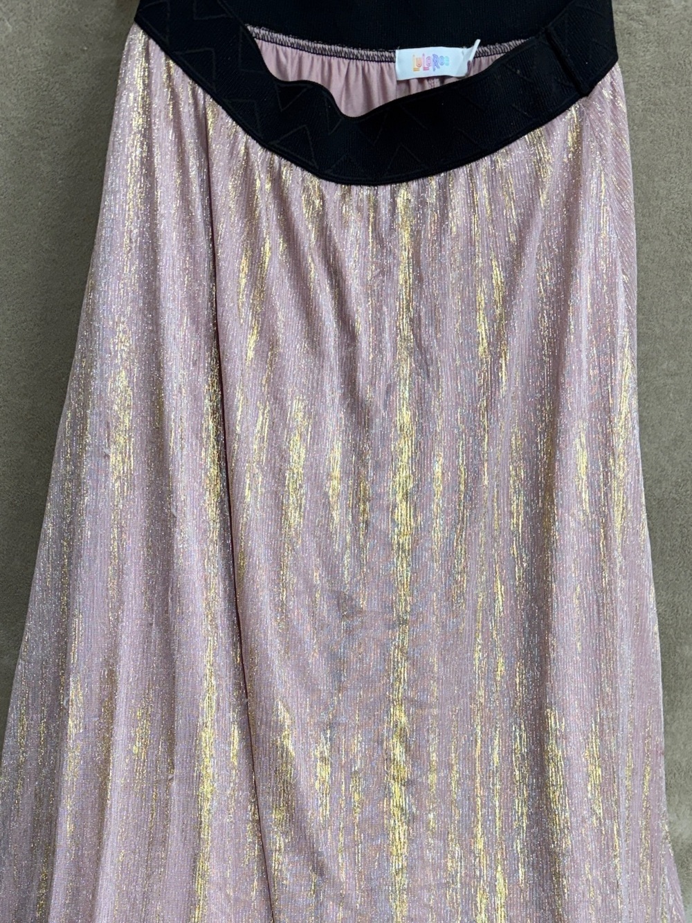 LULAROE  Sparkling Pink Gold Metallic Skirt with Black Waistband